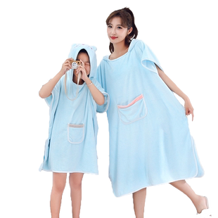 斜月三星家用速干浴衣可穿浴巾披风珊瑚绒连帽家庭亲子套装斗篷