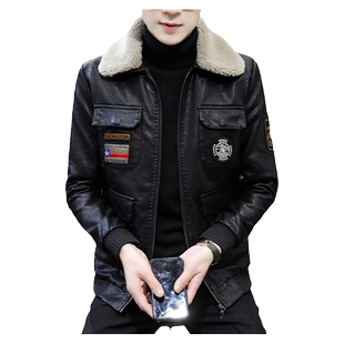 皮衣男秋冬季皮毛一体加绒翻领羊羔绒棉衣外套男士加厚机车皮夹克