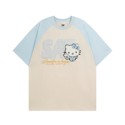 鹿山野 严选软萌kt猫插肩袖短袖T恤甜美通勤撞色拼接学生百搭上衣