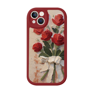 桔子猫适用苹果17promax红色手机壳iphone16pro油画玫瑰15plus小羊皮手机壳13promax女款14文艺11新年12红色x