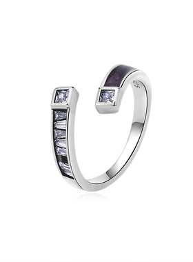 新银季s925纯银开口戒指女可调节方形锆石小众设计高级感指环百搭