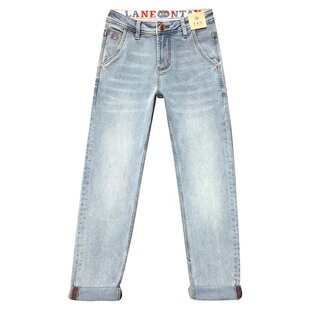 字母印花斜插裤兜牛仔裤男夏薄款高端浅蓝色修身小脚九分裤古士狼