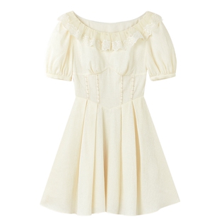 MISSCOCOON复古荷叶领提花连衣裙嫩黄色公主裙夏新款