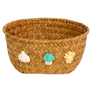 桌面海草编织收纳筐卡通厨房姜蒜整理篮玄关钥匙杂物零食储物筐子