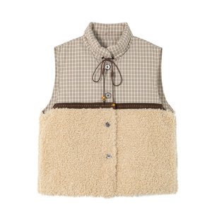 yawhat卡其色格纹拼接仿羊羔毛两面穿棉服马夹秋冬保暖背心外套