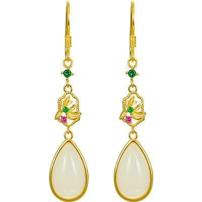 慕溪源配旗袍的耳环国风新中式配饰和田玉水滴兰花送妈妈