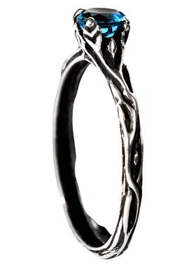 天然蓝色托帕石宝石树枝戒指纯银