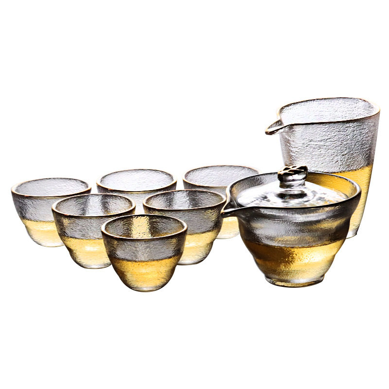 日式风金边锤纹玻璃盖碗小茶杯