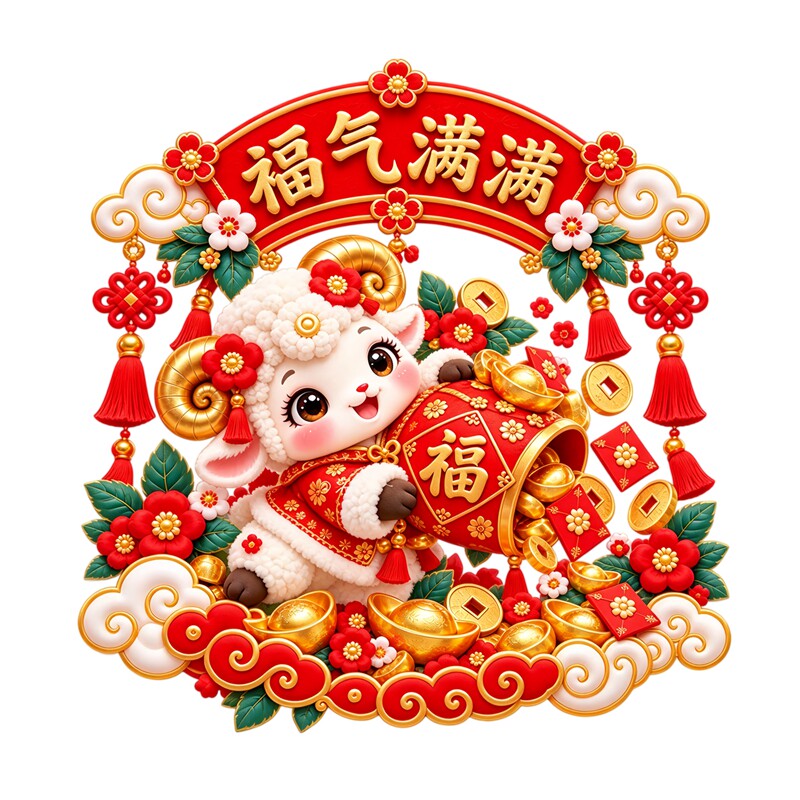 福气满满玻璃贴透明卡通小羊抱福袋金元宝梅花流苏新年装饰贴纸画