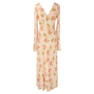 【弥纱】SYT自制 温柔仙美v领喇叭袖花朵连衣裙女秋新款印花长裙