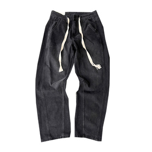 秋冬季美式休闲复古加绒黑色牛仔裤男直筒宽松抽绳百搭阔腿裤子潮