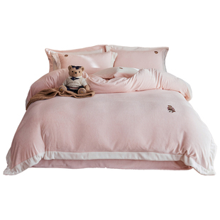 TeenieWeenie小熊可爱风粉色牛奶绒床上四件套女加绒加厚被套床单