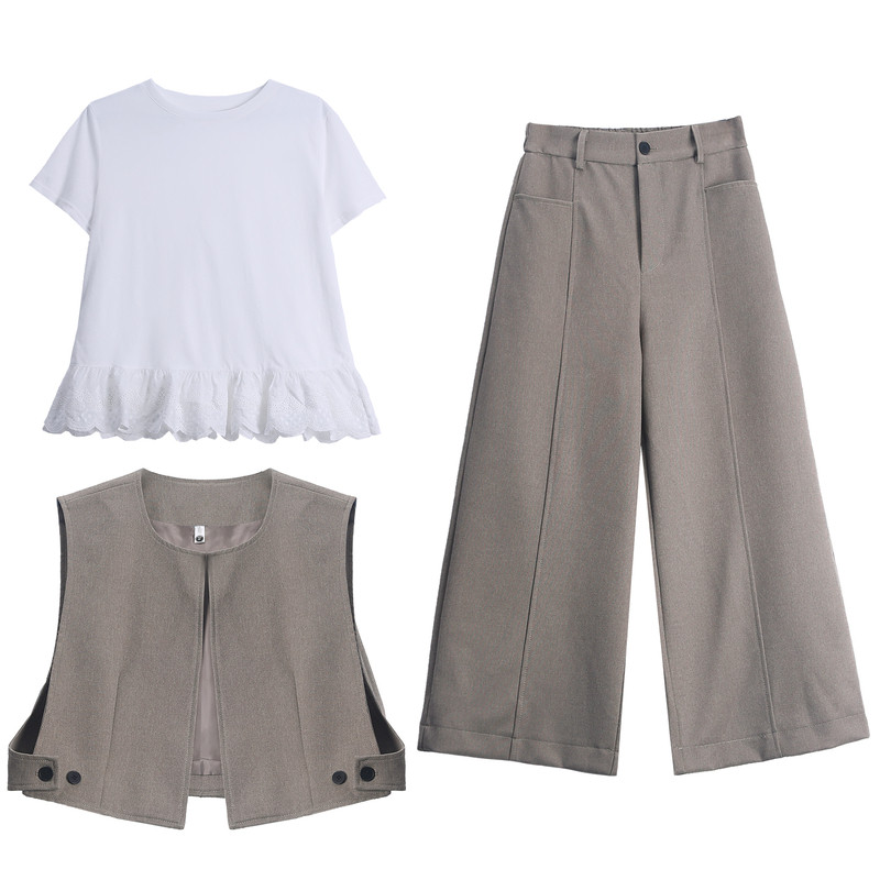 复古通勤西服马甲衬衫阔腿三件套