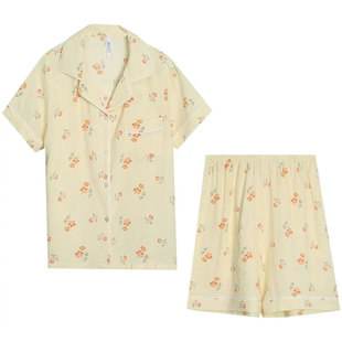 红豆柔软睡衣少女春夏轻薄皱皱云朵纱印花短袖开衫甜美家居服套装