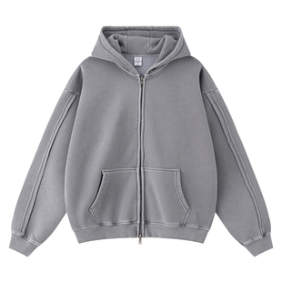 400G重磅加绒双头拉链连帽开衫卫衣男复古蜡染做旧宽松百搭外套潮