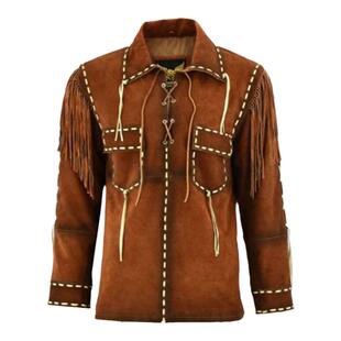 Western㊣海外代购 手作西部牛仔风流苏印第安人棕色麂皮夹克皮衣