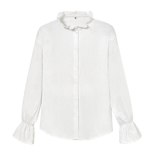 春秋新款纯棉长袖木耳领衬衫女韩范花边领木耳袖宽松灯笼袖上衣潮