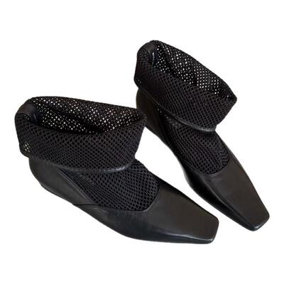 WM6女靴网纱坡跟方头中跟时装靴