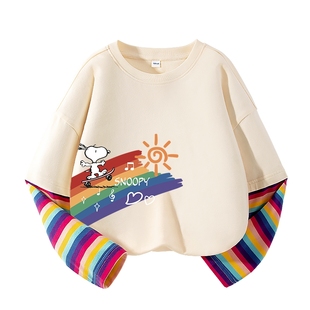 史努比童装女童长袖t恤春秋款纯棉打底衫小女孩彩虹上衣儿童内搭