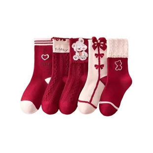 女童袜子冬季纯棉红色棉袜小女孩宝宝甜美可爱新年儿童中筒袜吸汗