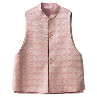 SILVIYE/溯也重磅真丝织金宋锦马甲 100桑蚕丝国风立领单排扣马夹