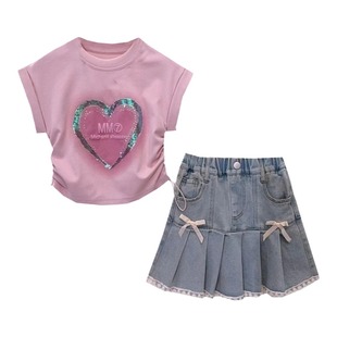 女童夏季套装2025新款洋气亮片爱心短袖T恤牛仔百褶短裙两件套潮