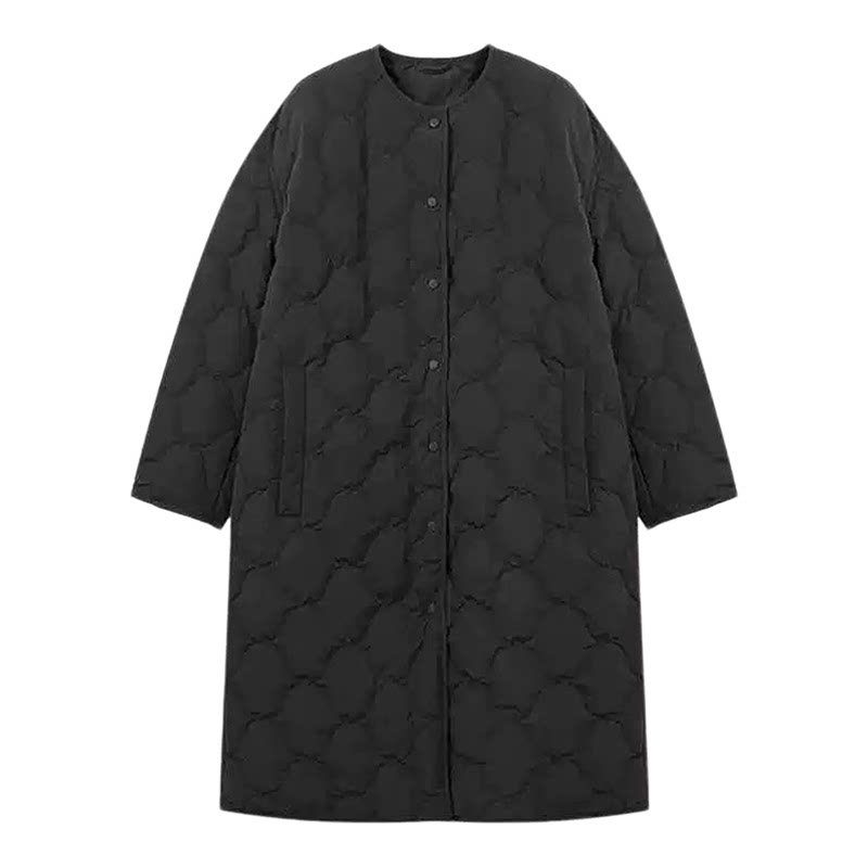 白鹅绒菱格纹圆领长款羽绒服外套