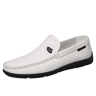 老人头皮鞋男真皮豆豆鞋男透气秋季白色休闲皮鞋软底一脚蹬乐福鞋
