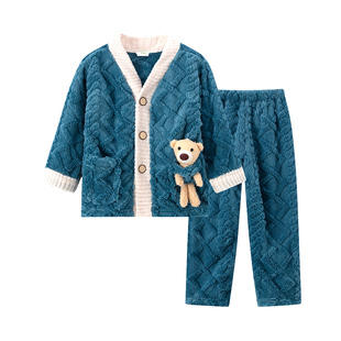 秋冬季儿童法兰绒睡衣加厚女孩男童保暖珊瑚绒加绒女童家居服套装