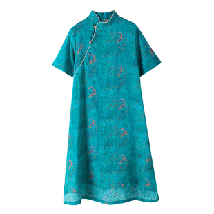 民族风文艺复古小碎花连衣裙夏季纯苎麻连衣裙棉麻茶服轻中式女装
