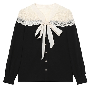 白鹿语法式拼接镂空衬衫上衣春秋优雅设计感系带蝴蝶结衬衣女