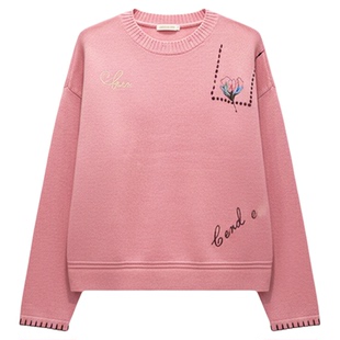 印象草原秋冬新款山羊绒衫女圆领刺绣宽松针织衫长袖羊绒毛衣