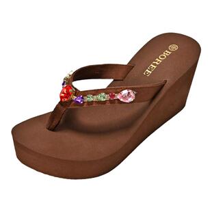 宝人拖鞋人字拖厚底女士坡跟凉拖增高鞋新款夏季夹脚水钻网红凉鞋