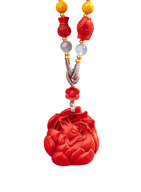 九华山文创高含量朱砂狐狸项链男女红运添福桃木吊坠新年红色挂件