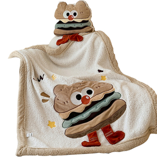 可爱汉堡卡通羊羔绒毛毯沙发盖毯双层加厚珊瑚绒办公室午休小毯子