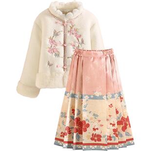 小虎帕蒂花蝶共舞马面裙套装冬季女童国风拜年服洋气保暖甜美汉服