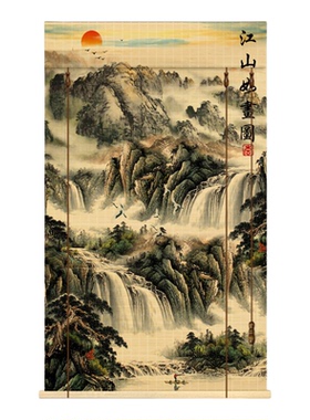 新中式防霉竹编山水卷帘装饰画