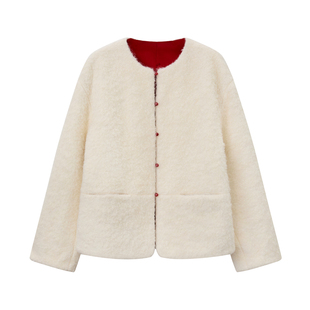 如意连云【瑞芝】冬双面穿醋酸提花羊毛棉服女新中式撞色夹棉外套