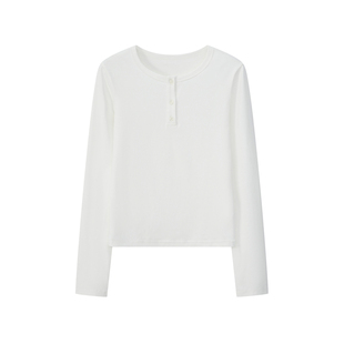 CountryMoment亨利领正肩修身弹力长袖T恤女春纯色百搭打底衫上衣