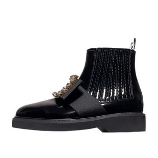 Hunnz RV方扣短靴女水钻漆皮真皮英伦切尔西靴2025新款秋季马丁靴