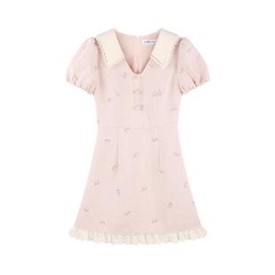 小香风粉色v领短袖连衣裙女夏季高级感蕾丝花边法式小个子甜美裙