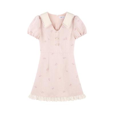 小香风粉色v领短袖连衣裙女夏