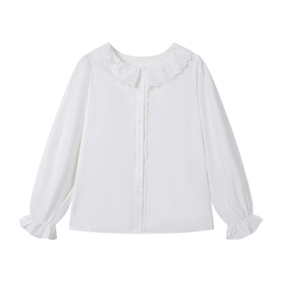 弥古法式娃娃领白色衬衫女2025新款秋冬内搭长袖打底纯棉衬衣上衣