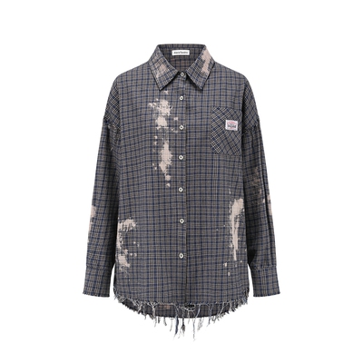 Alexia Sandra2025新款做旧洗褪毛边经典格纹长袖衬衫上衣外套女