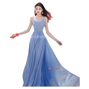 法式吊带连衣裙蓝色显白雪纺长裙到脚踝收腰显瘦海边度假沙滩长裙