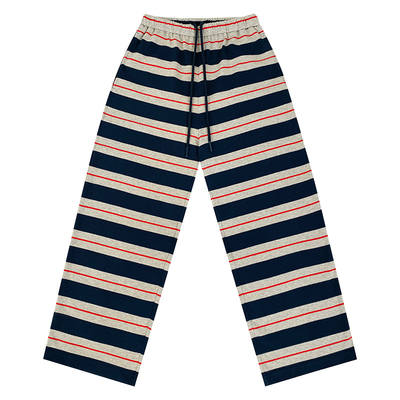 藏青色条纹宽松休闲裤女复古撞色