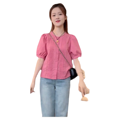 2025夏季新款法式温柔风日常压褶蕾丝花边圆领短袖小衫小个子上衣