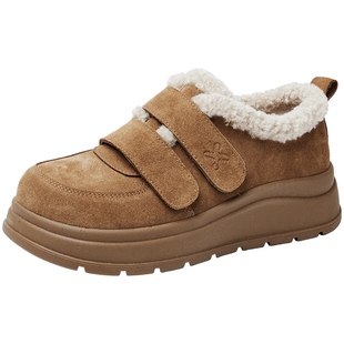 百田森真皮勃肯鞋女2025新款冬季保暖加绒雪地靴厚底一脚蹬单鞋子