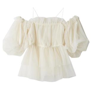 LILY BROWN春夏款荷叶边吊带露肩薄纱衬衫上衣LWFT252081