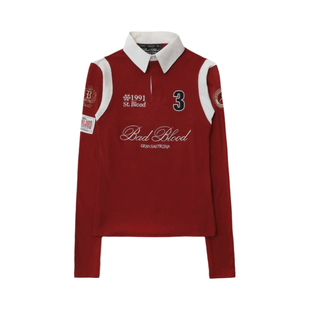 韩潮badblood英伦红色polo衫英文刺绣休闲运动学妹风长袖翻领T恤